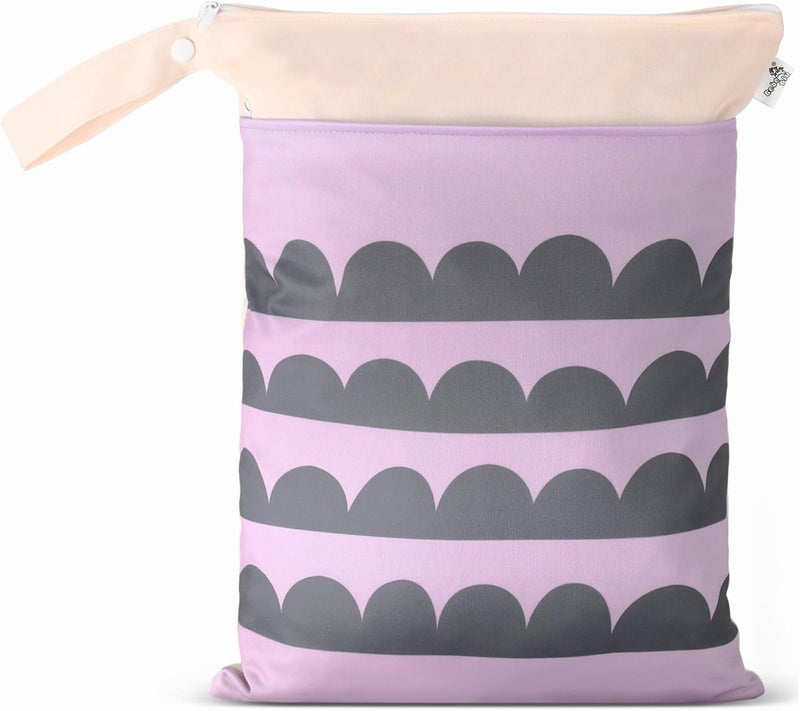 BebeBiu Cloth Diaper Wet Bags – Waterproof & Reusable Bag with 2 Zippered Pockets, 100% Polyester with Handle, Perfect for Stroller, Travel, Baby Essentials & Breast Pump Storage (Pale Mauve Wave) - Image 1